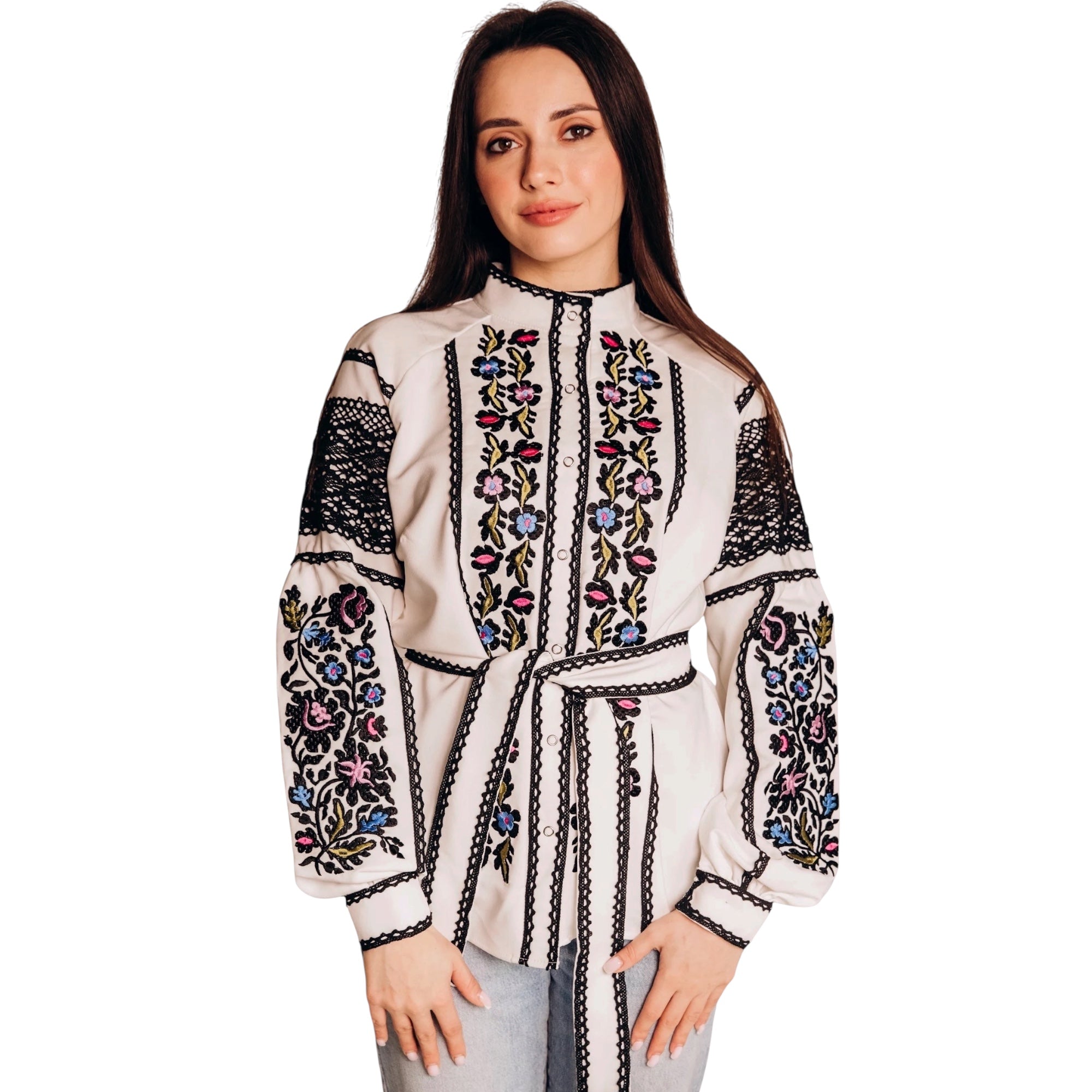 White Crepe Blouse, Lace Trim Floral Shirt, Wrinkle Free Boho Top, Ukrainian Vyshyvanka, Custom Size, Modern Folk Clothing
