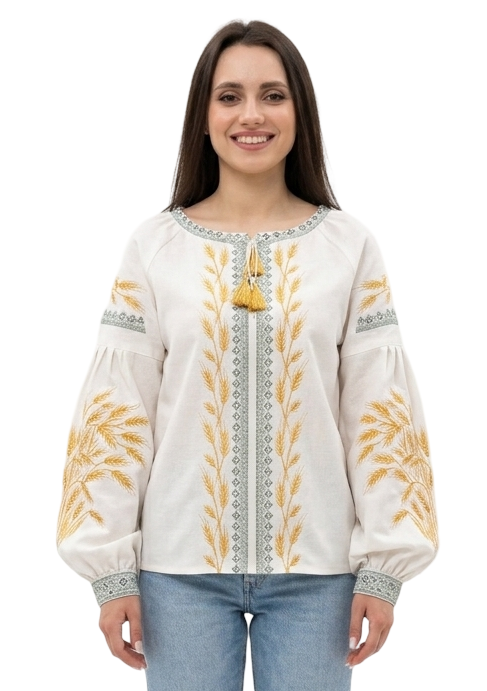 Ukrainian Vyshyvanka Blouse – Ivory Linen Embroidered Shirt with Golden Wheat and Green Trim, Folk Boho Ethno Clothing