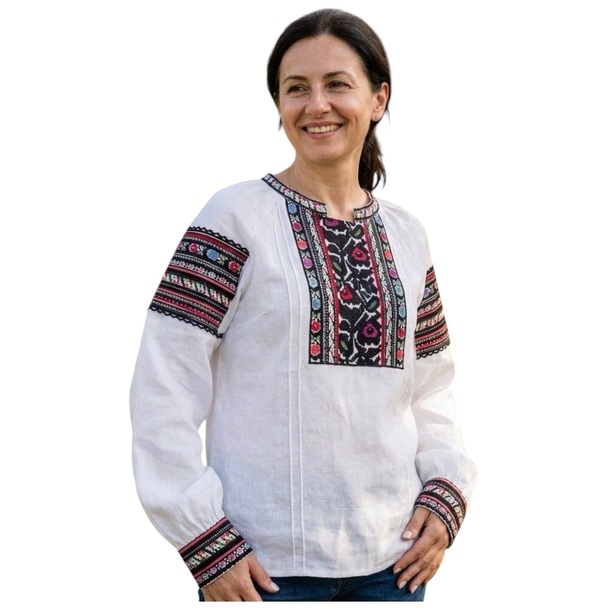 Borshchiv Style Blouse, Linen Cotton Vyshyvanka, Black Embroidery, Button Back Shirt, Ukrainian Folk Top, Custom Size, Matching Couple