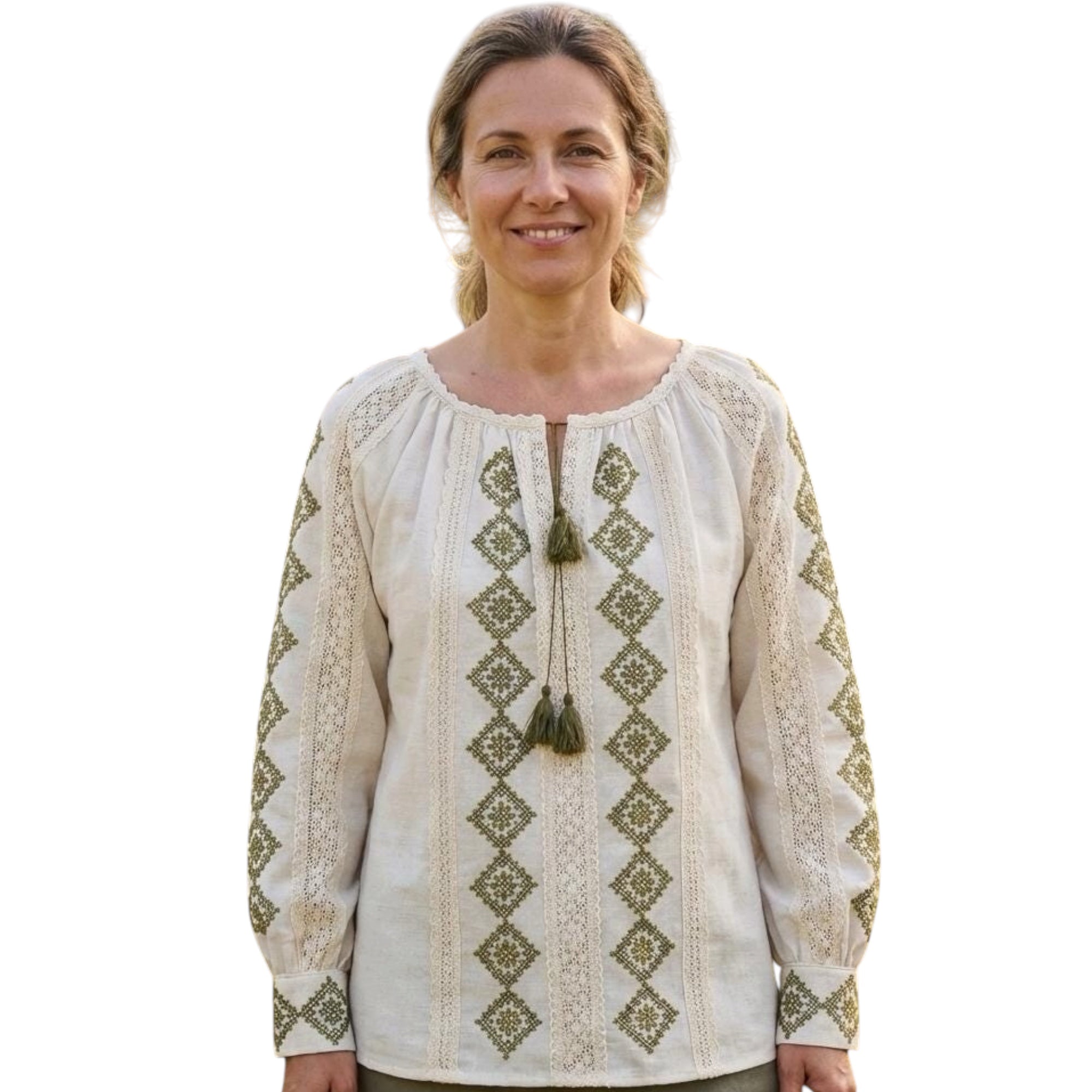 Handcrafted Linen Cotton Top, Olive Green Embroidery, Boho Peasant Tunic, Artisan Made Shirt, Slow Fashion, Spring Festival Outfit, Mom Gift