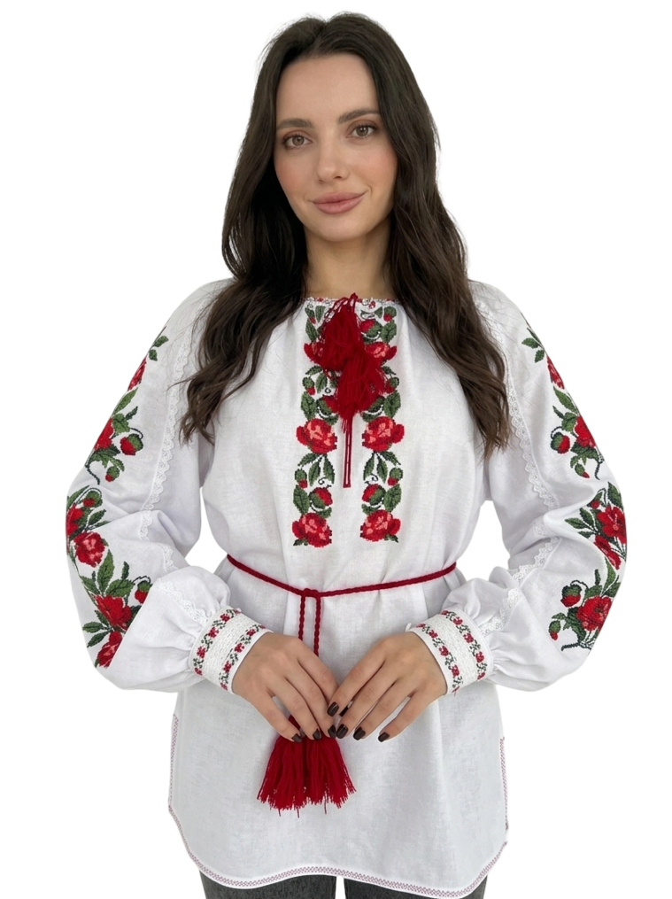 Ukrainian Vyshyvanka with Rose Embroidery | Handmade Linen Blouse | Folk Boho Clothing