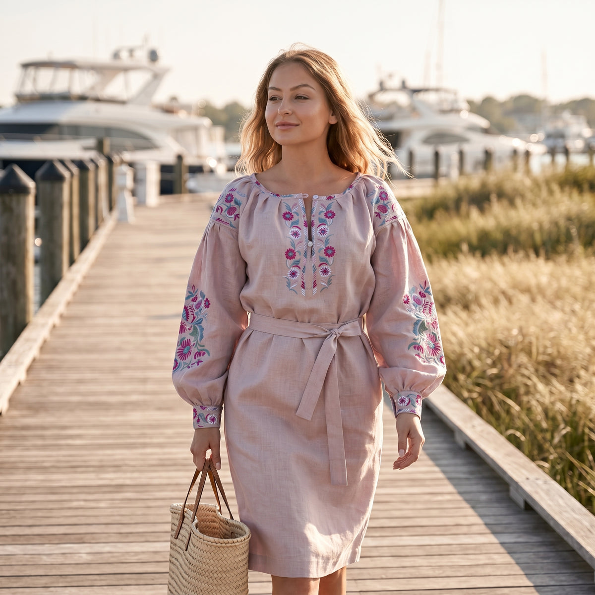 Powder Pink Linen Dress with Petrykivka Embroidery