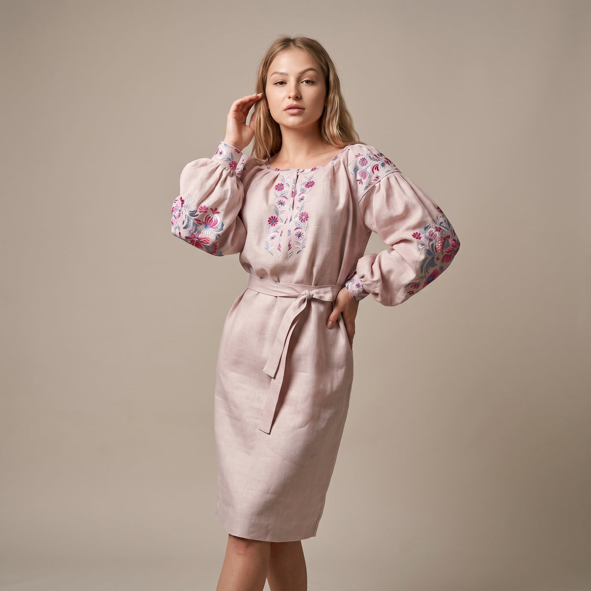 Powder Pink Linen Dress with Petrykivka Embroidery