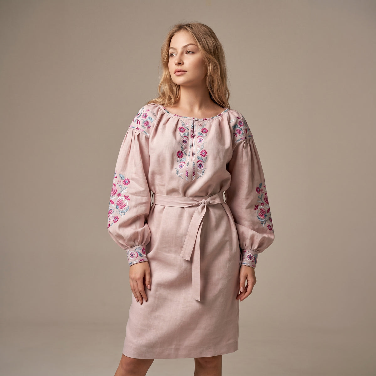 Powder Pink Linen Dress with Petrykivka Embroidery
