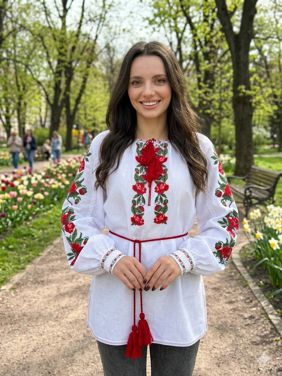 Ukrainian Vyshyvanka with Rose Embroidery | Handmade Linen Blouse | Folk Boho Clothing