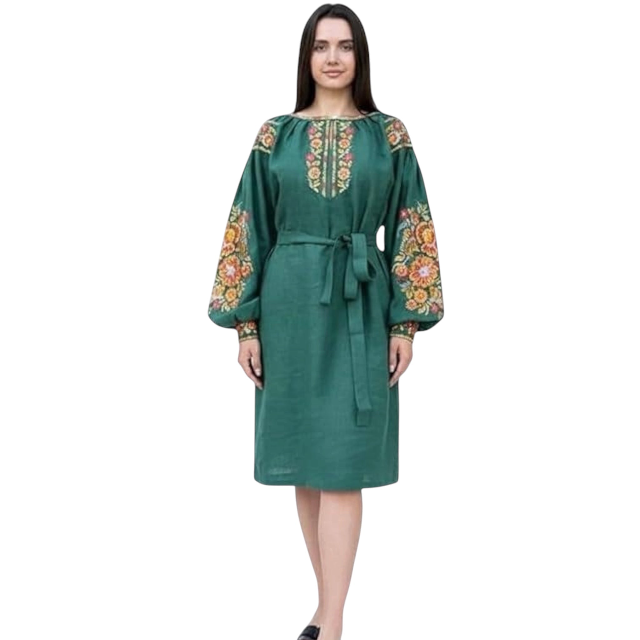 Green Linen Midi Dress, Embroidered Vyshyvanka, Boho Knee Length Robe, Floral Peasant Tunic