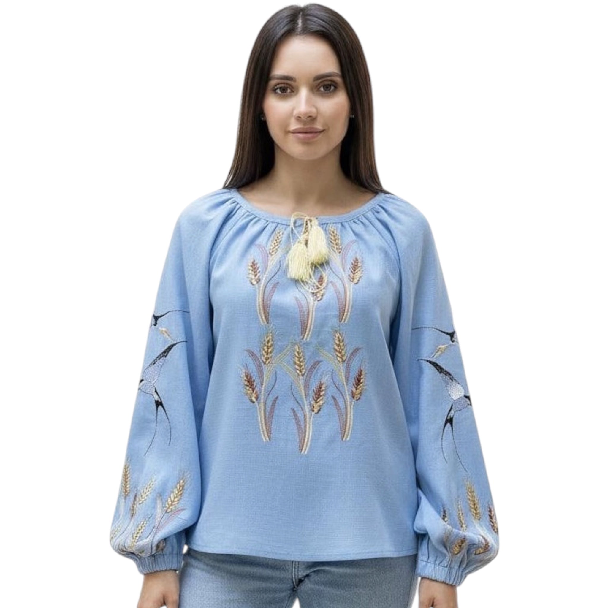 Blue Linen Vyshyvanka, Swallow Bird Embroidery, Wheat Ear Blouse, Ukrainian Boho Top, Spring Peace Symbol Gift