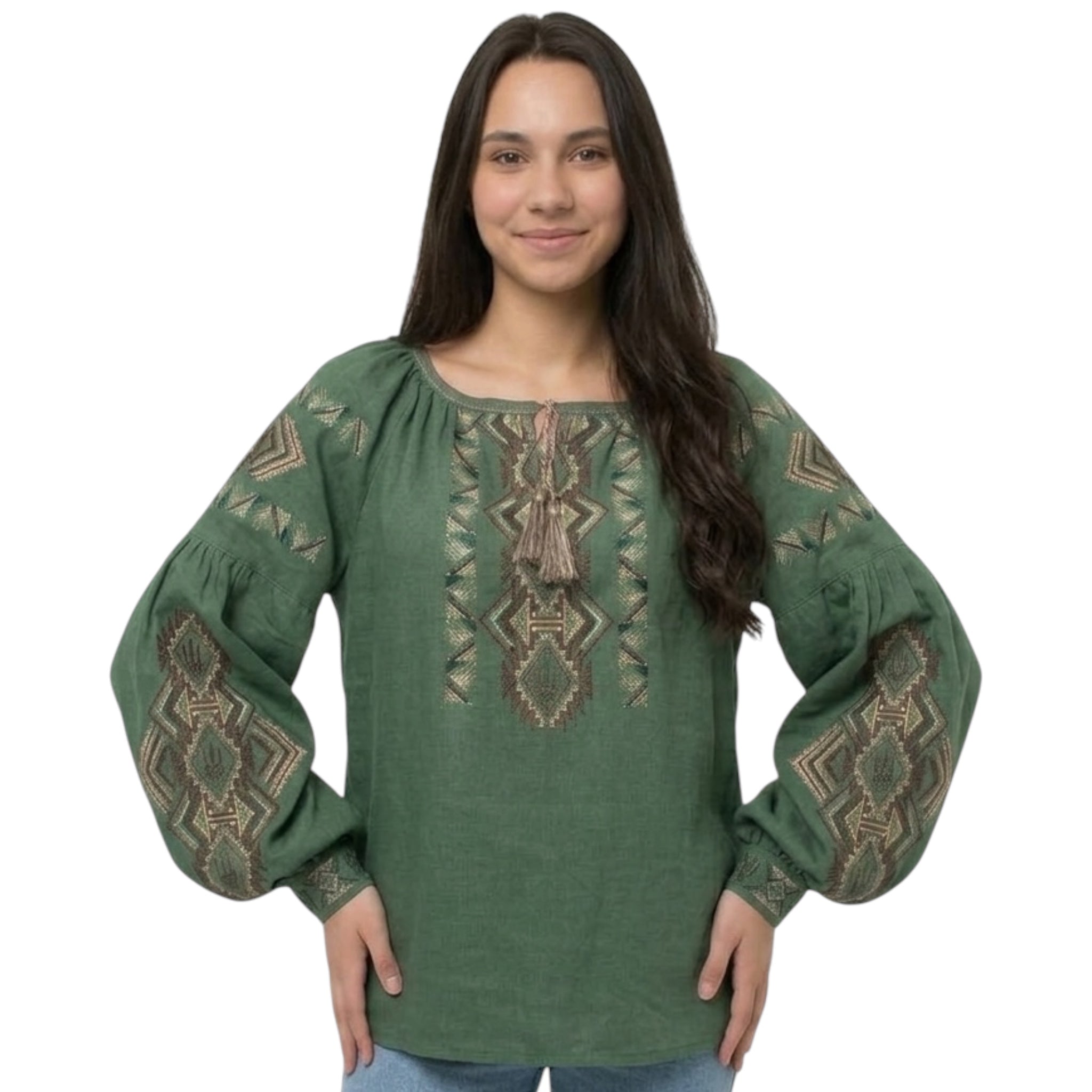 Custom Linen Vyshyvanka Blouse – Sage Green Embroidered Boho Ethno Folk Shirt