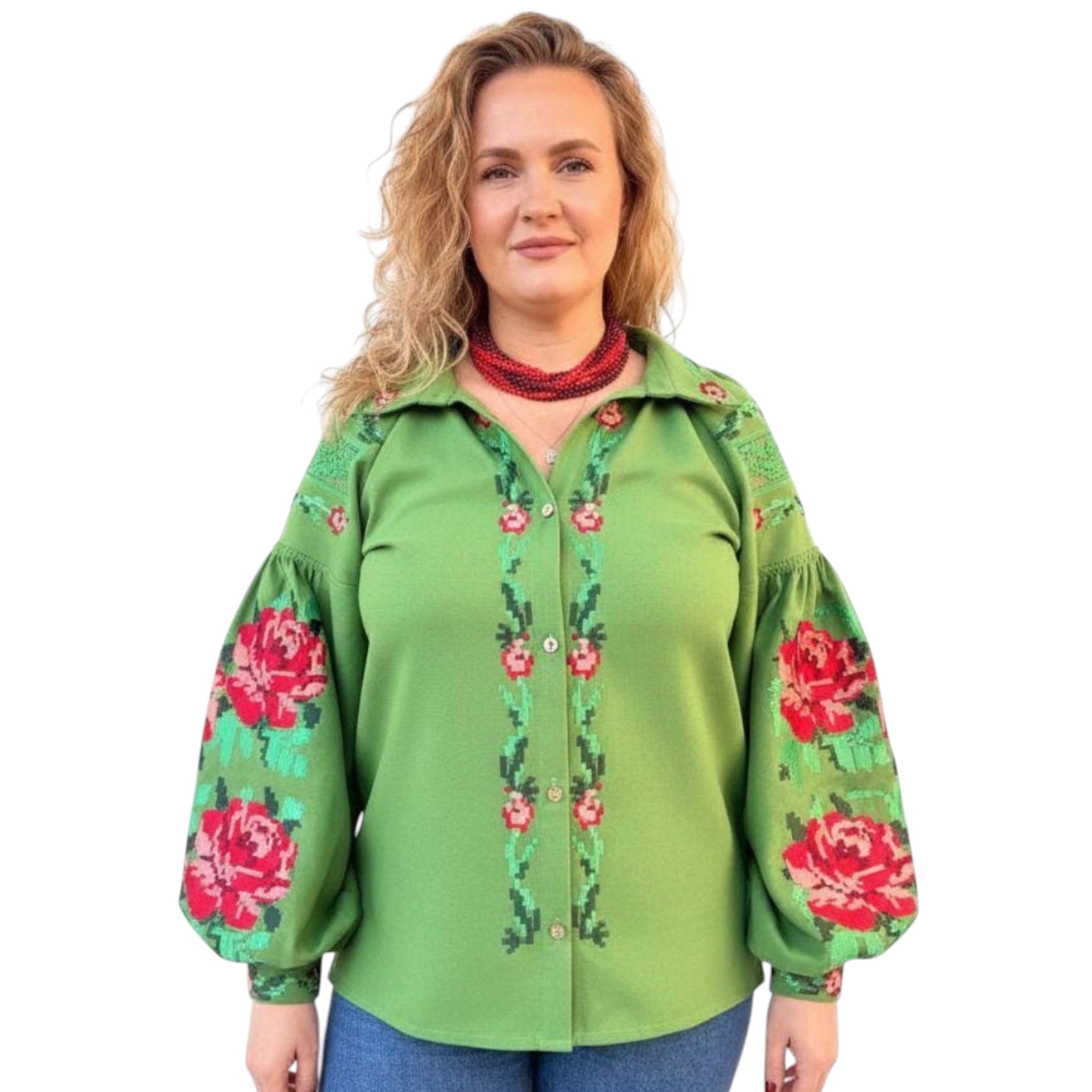 Handcrafted Floral Shirt, Green Boho Top with Roses, Custom Linen Blouse, Premium Embroidered Vyshyvanka, Summer Folk Tunic, Gift for Her