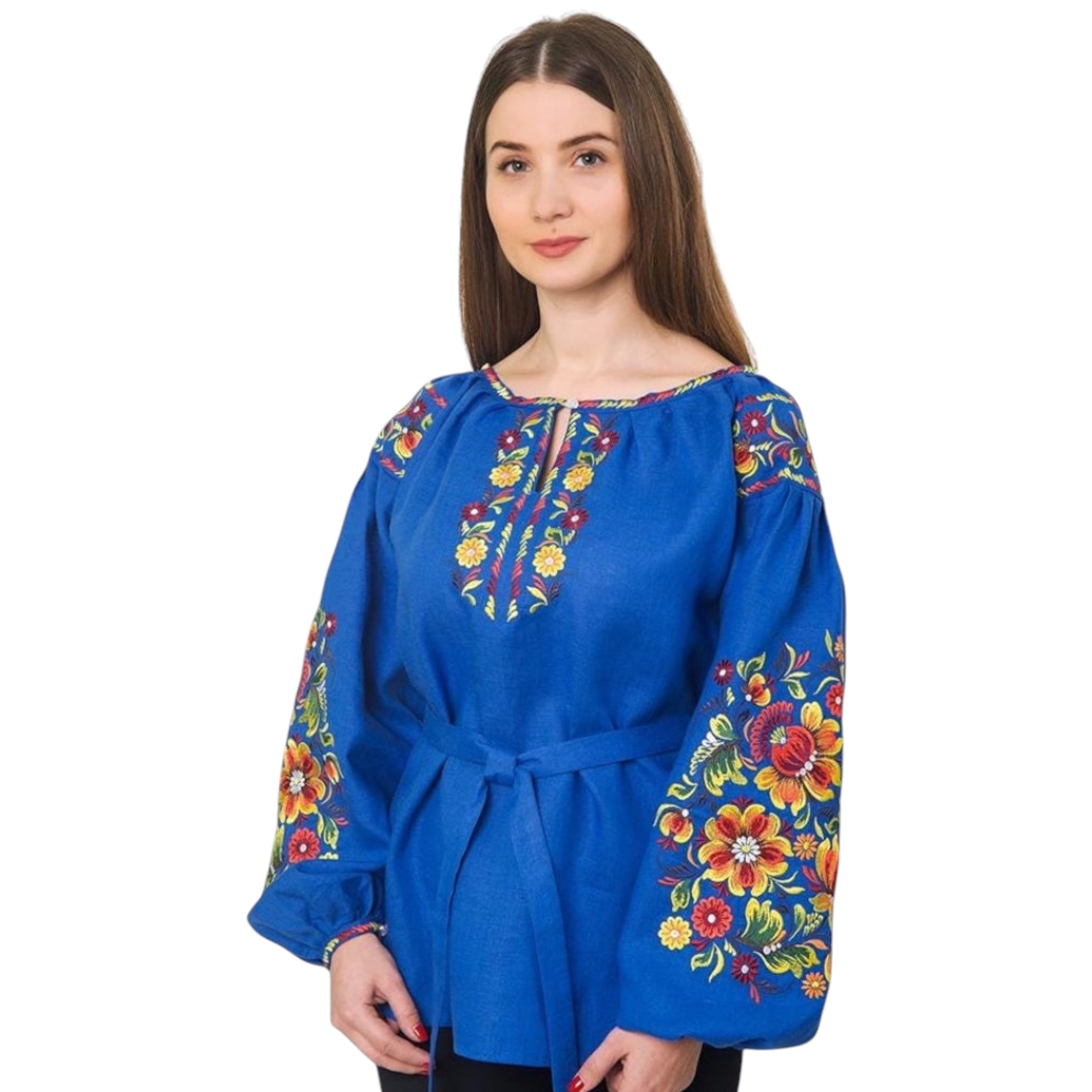 Electric Blue Linen Blouse, Petrykivka Floral Boho Top, Ukrainian Embroidered Shirt, Folk Peasant Tunic, Artisan Made Gift, Custom Fit