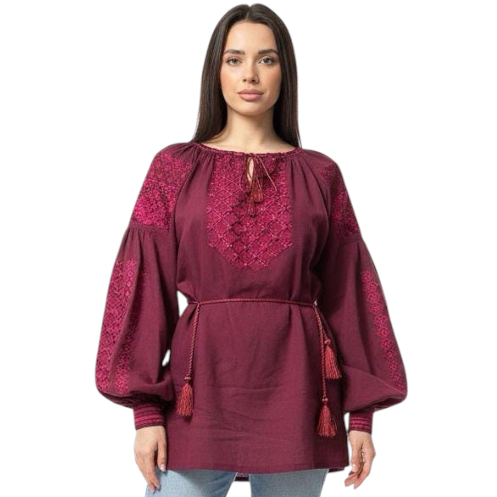 Burgundy Linen Blend Blouse, Tone on Tone Embroidery, Boho Bishop Sleeve Top, Custom Size Vyshyvanka, Elegant Folk Tunic, Wine Red Shirt
