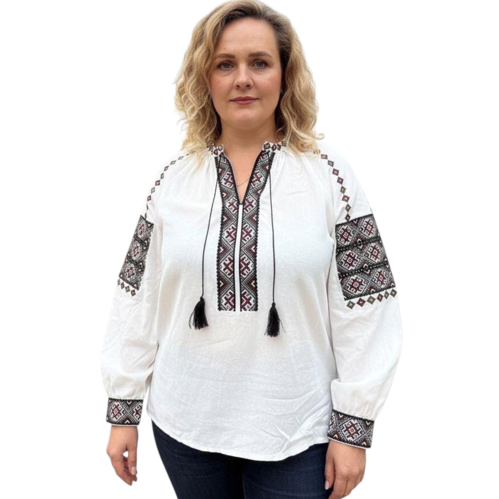 White Linen Viscose Blouse Geometric Magenta Embroidery Ukrainian Vyshyvanka Matching Couple Outfit