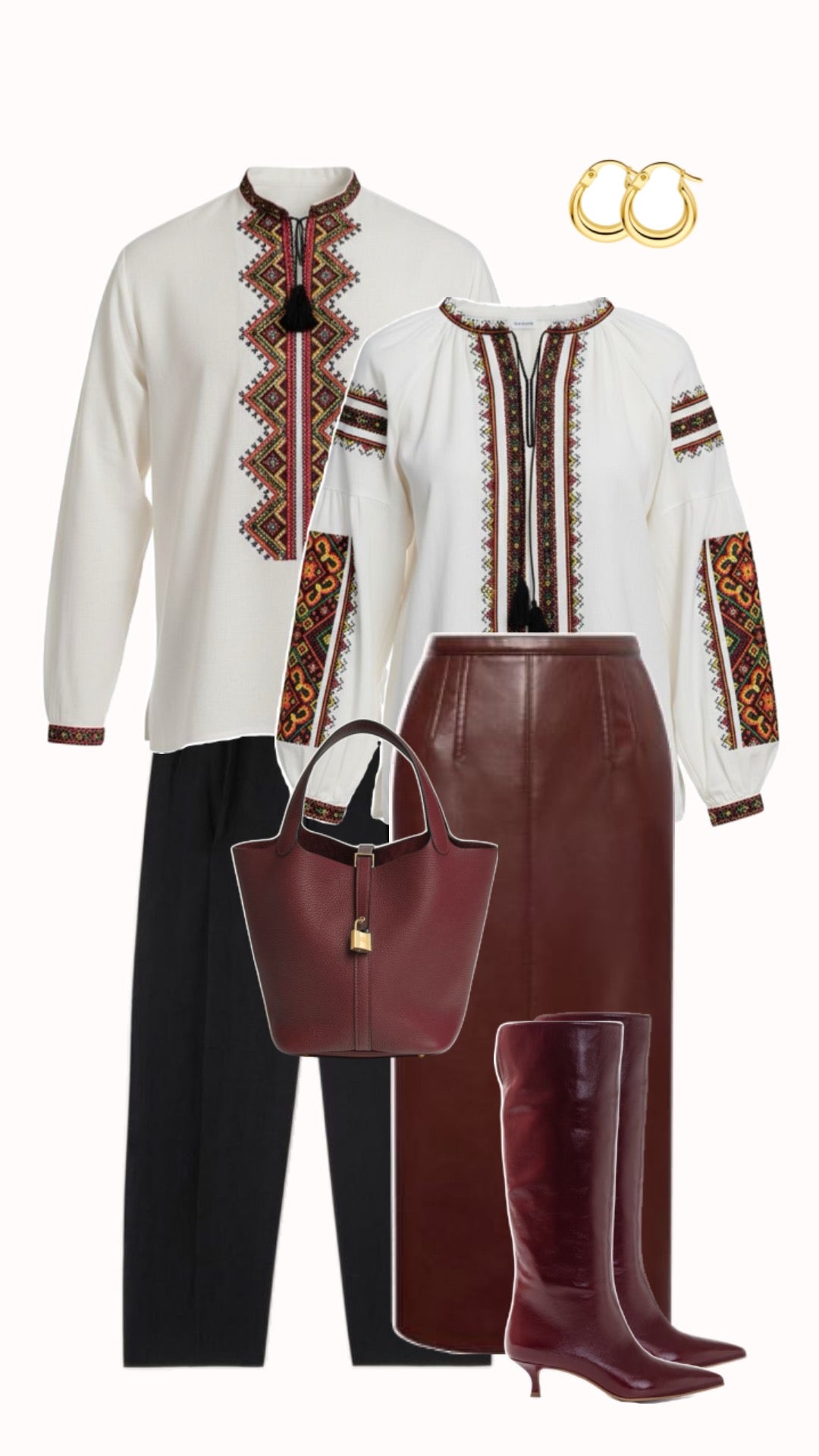 Matching Couple Outfit, Linen Blend Blouse, Geometric Vyshyvanka, Boho Folk Top