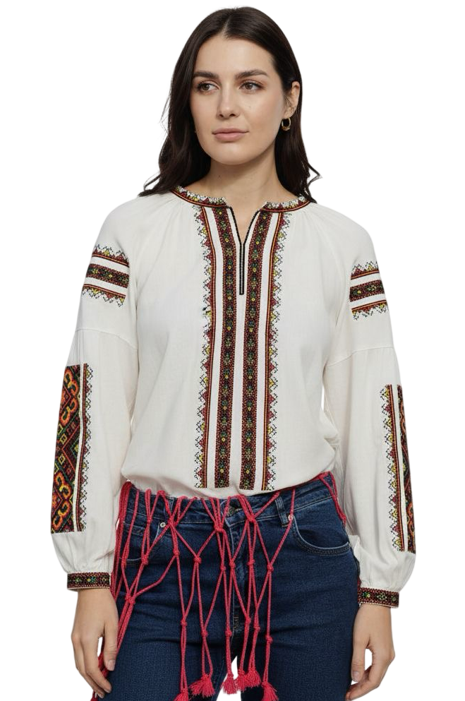 Matching Couple Outfit, Linen Blend Blouse, Geometric Vyshyvanka, Boho Folk Top