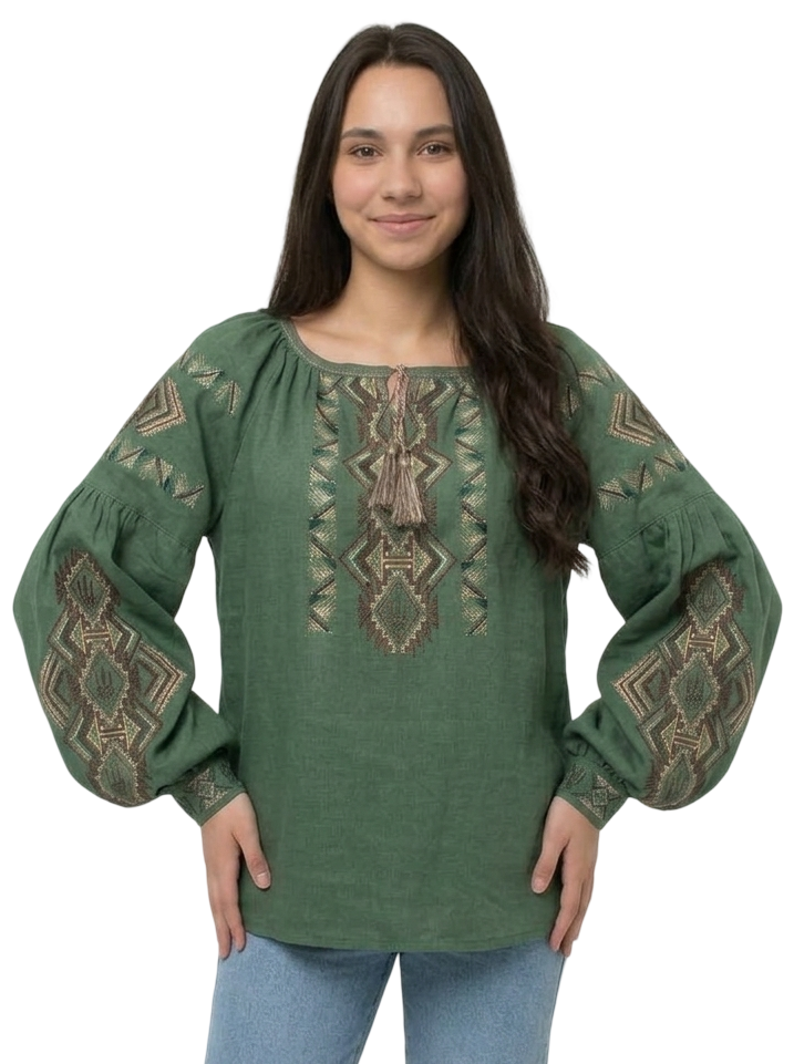 Custom Linen Vyshyvanka Blouse – Sage Green Embroidered Boho Ethno Folk Shirt