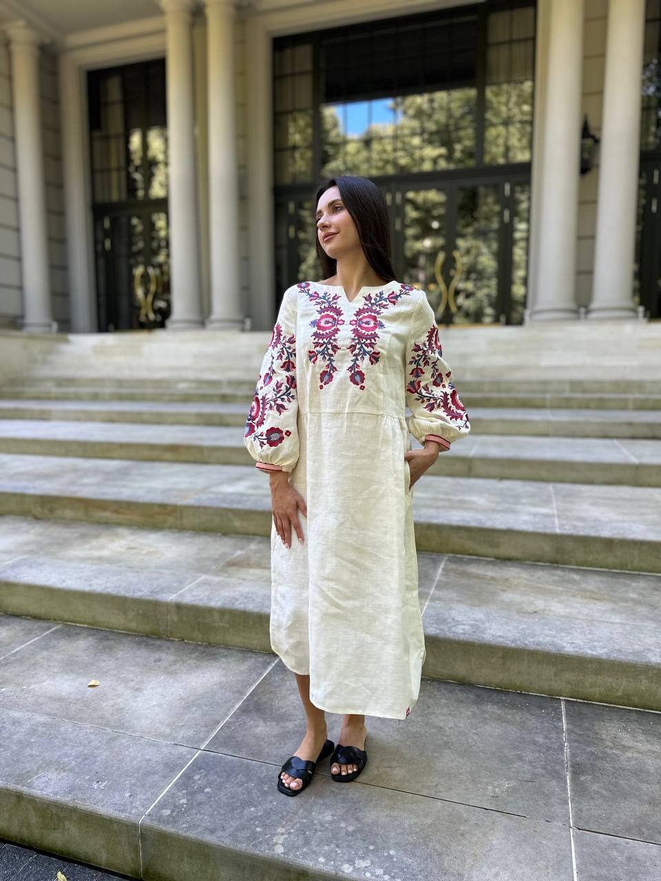 Cream Linen Floral Embroidery Dress