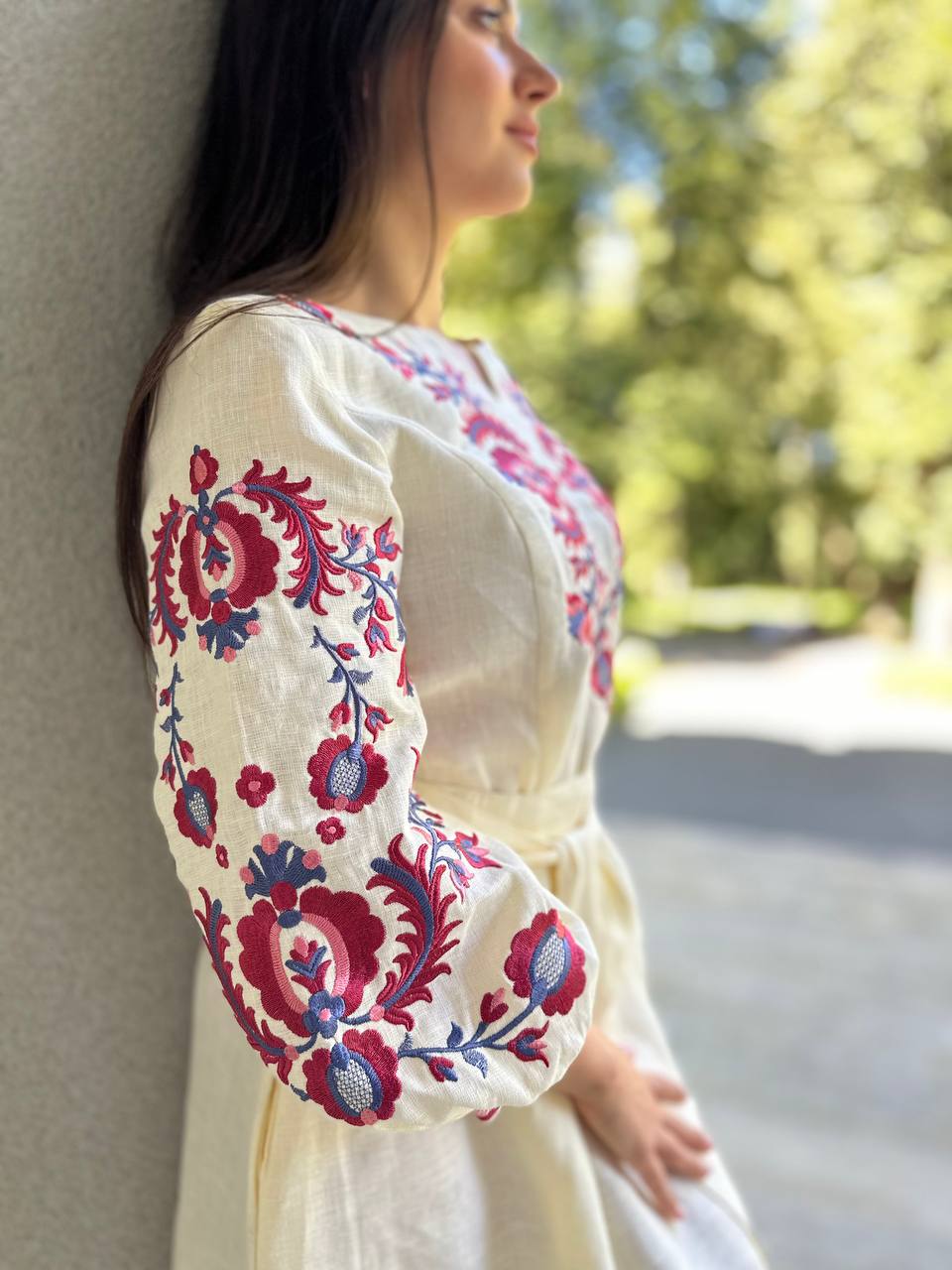 Cream Linen Floral Embroidery Dress