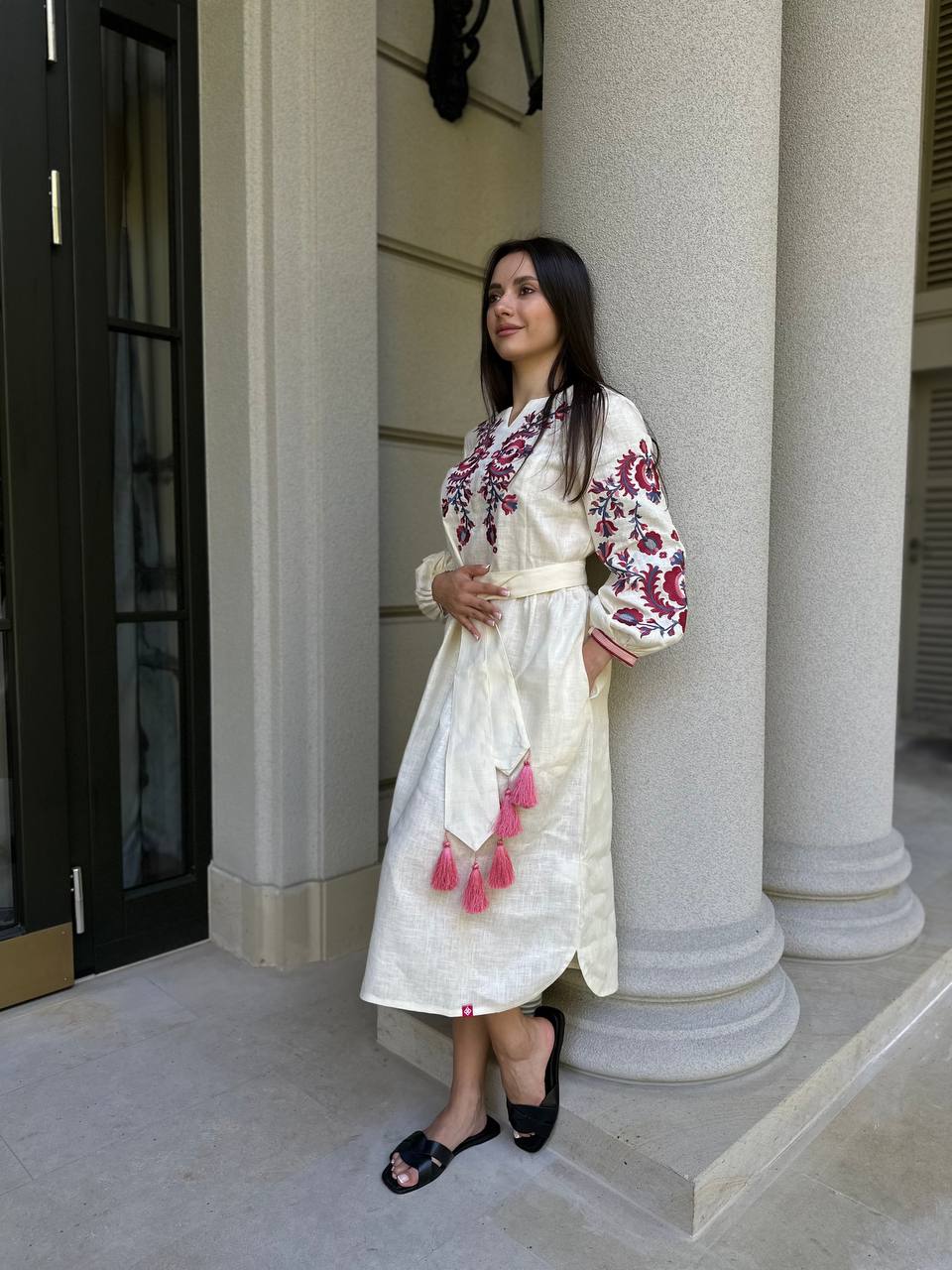Cream Linen Floral Embroidery Dress