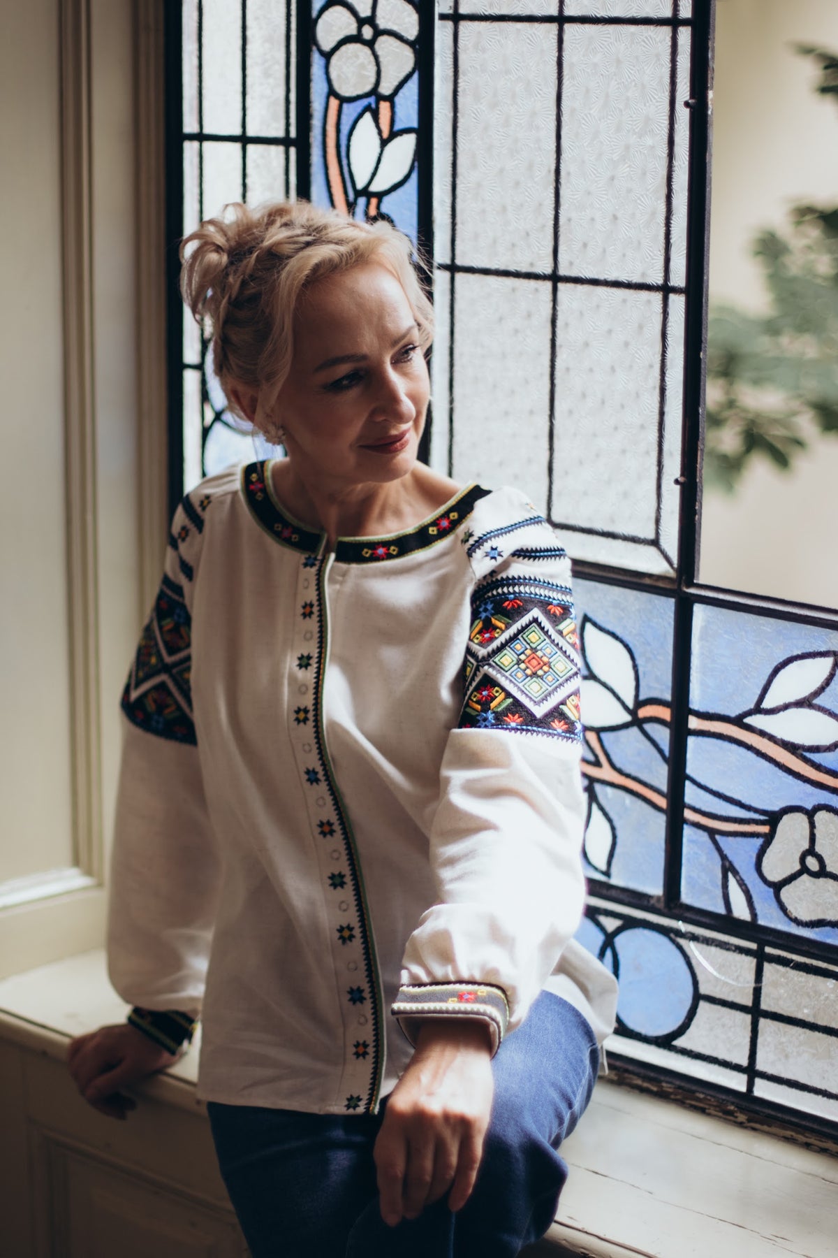 Button-Down Vyshyvanka with Geometric Pattern