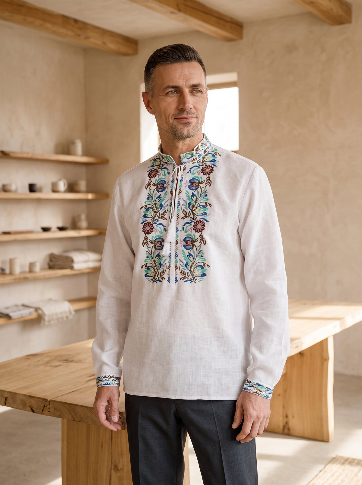 Men’s Floral Embroidered Linen Shirt