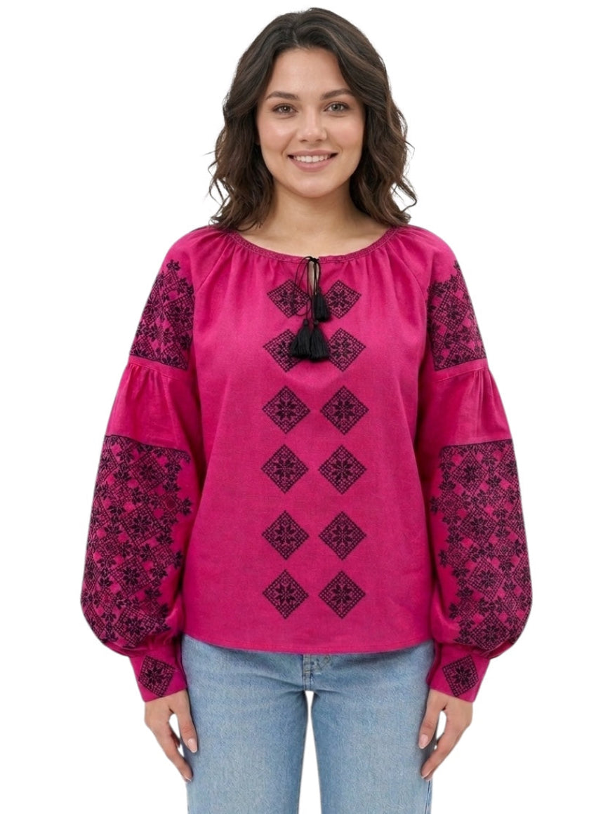 Magenta Ukrainian Vyshyvanka | Pink Linen Blouse with Navy Blue Embroidery | Boho Folk Top | Balloon Sleeve Shirt | Family Look Outfit
