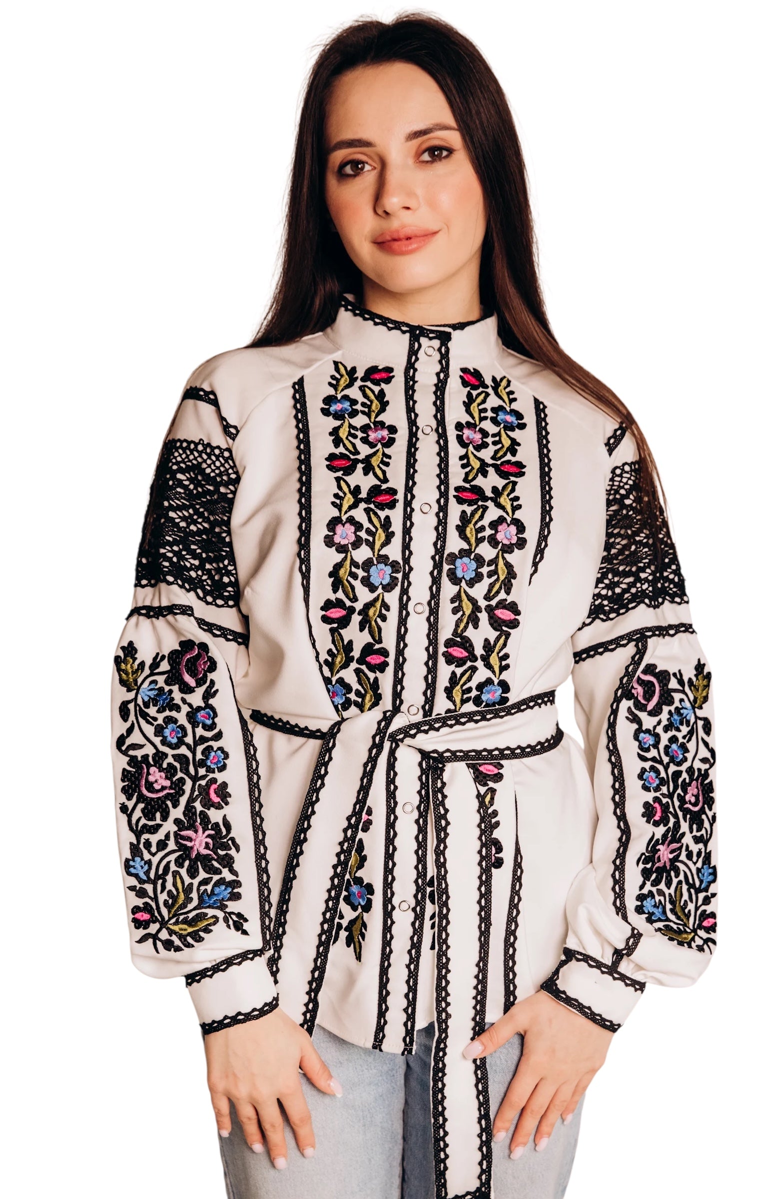 White Crepe Blouse, Lace Trim Floral Shirt, Wrinkle Free Boho Top, Ukrainian Vyshyvanka, Custom Size, Modern Folk Clothing