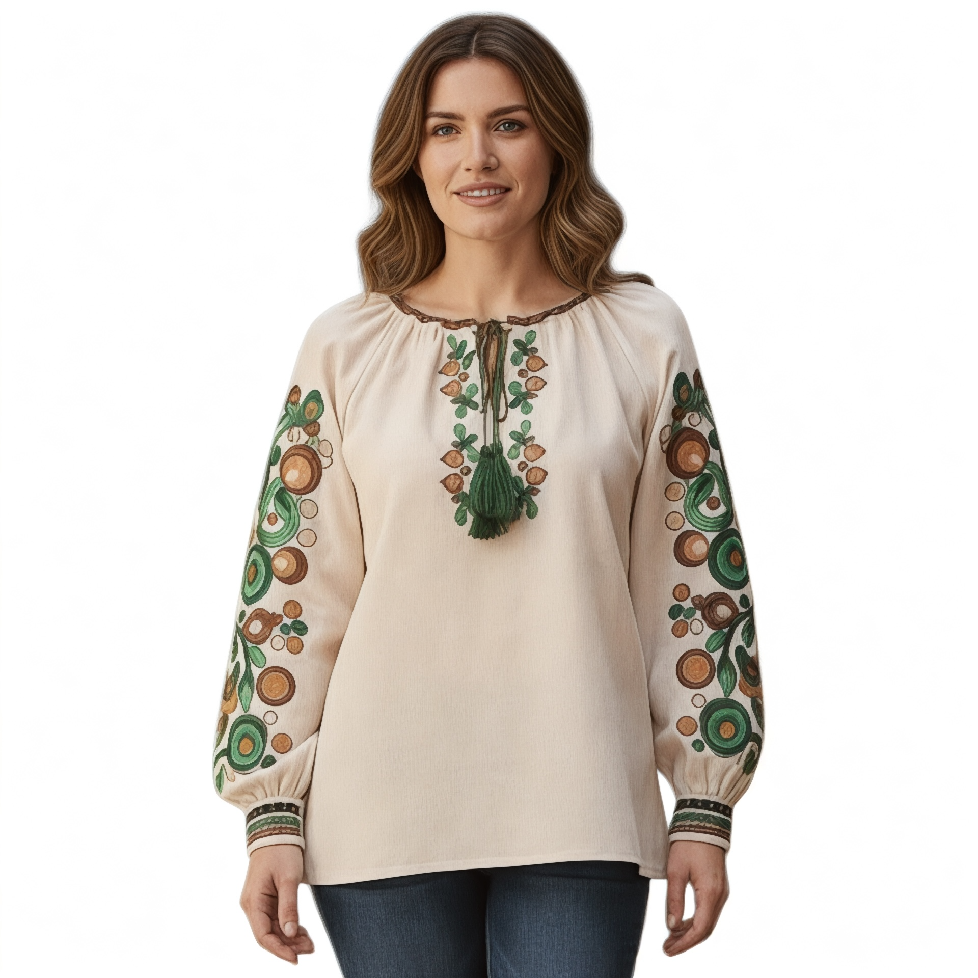 Kosiv Ceramic Style Blouse, Green and Brown Embroidery, Ukrainian Vyshyvanka, Soft Linen Blend Top, Custom Fit, Folk Art Shirt