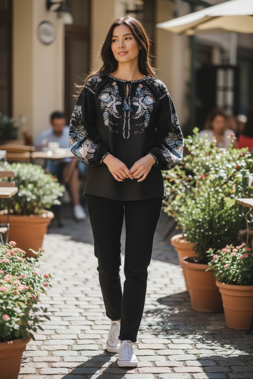 Black Linen Vyshyvanka Blouse | Hand Embroidered Ukrainian Shirt | Petrikivka Floral Embroidery