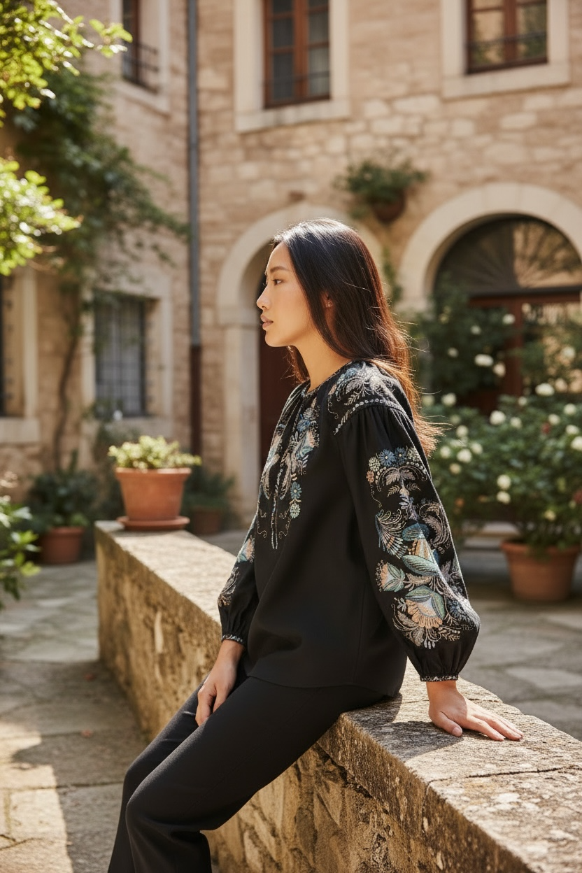Black Linen Vyshyvanka Blouse | Hand Embroidered Ukrainian Shirt | Petrikivka Floral Embroidery