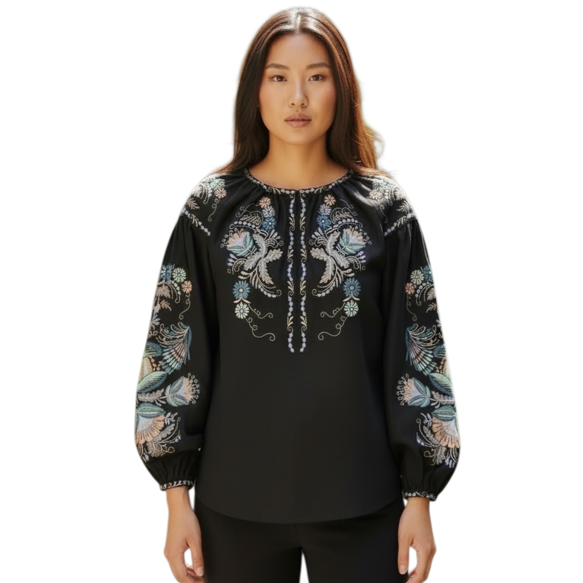 Black Linen Vyshyvanka Blouse | Hand Embroidered Ukrainian Shirt | Petrikivka Floral Embroidery