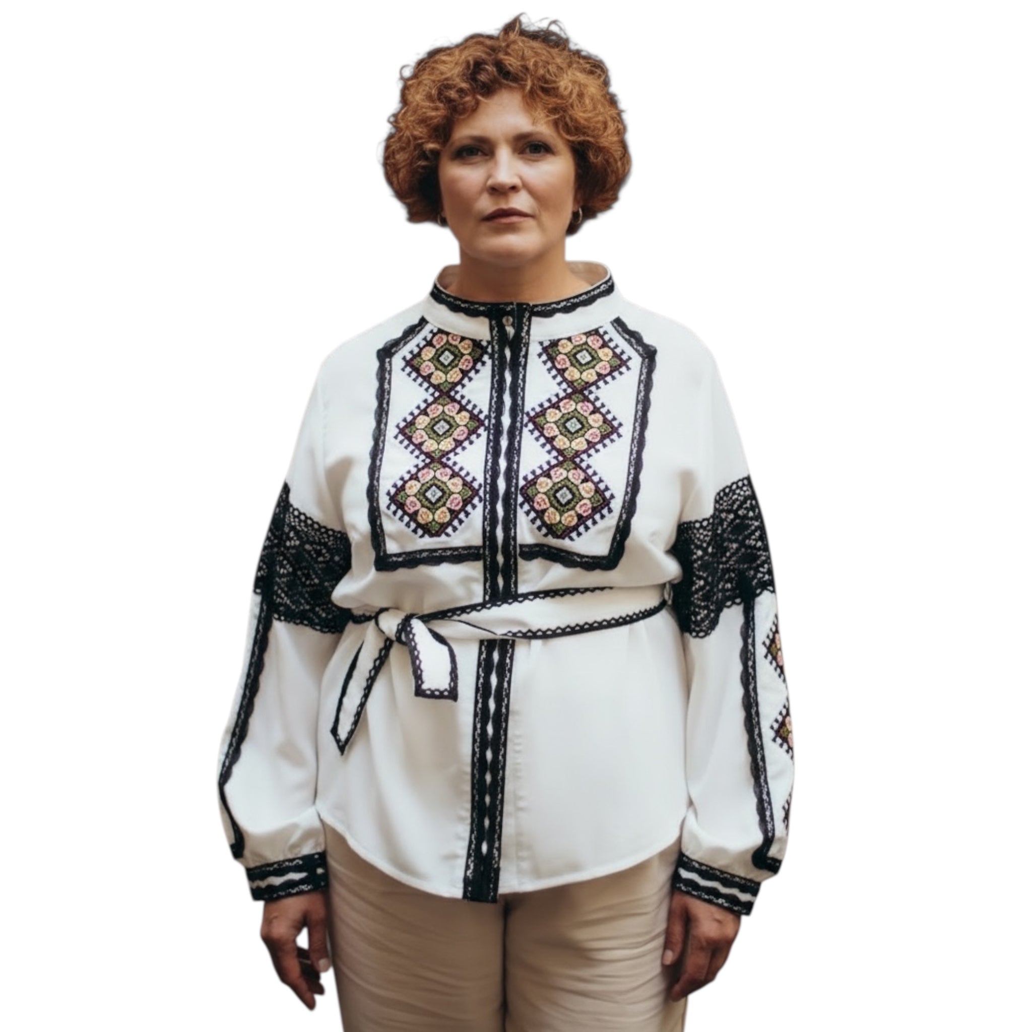 White Lace Trim Blouse, Embroidered Shirt Jacket, Snap Button Top, Hutsul Geometric Pattern, Ukrainian Easter Outfit, Custom Size Shacket