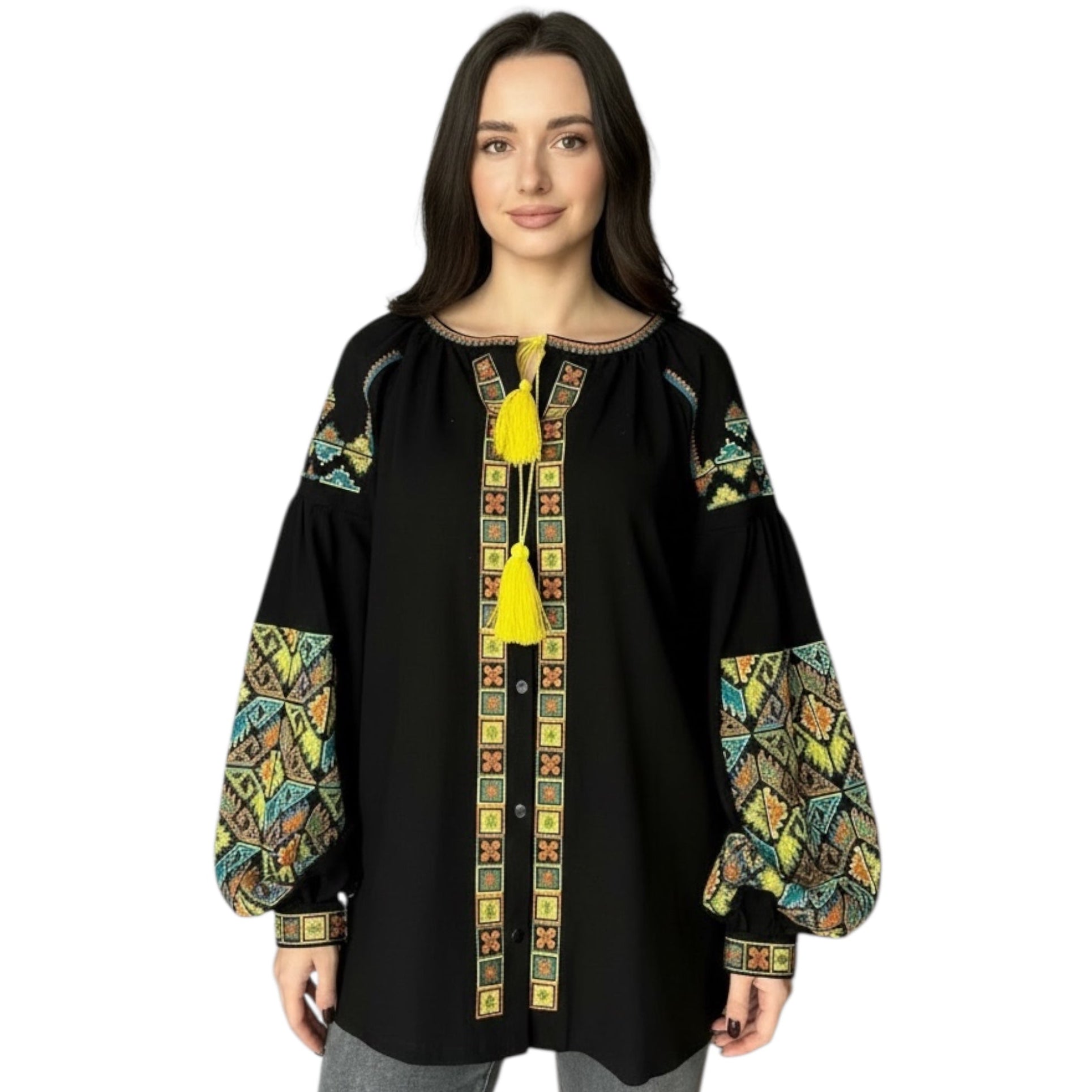 Black Linen Viscose Blouse, Geometric Boho Top, Yellow Tassels, Eco Gift Packaging, Plantable Tag, Custom Size Shirt, Ukrainian Vyshyvanka