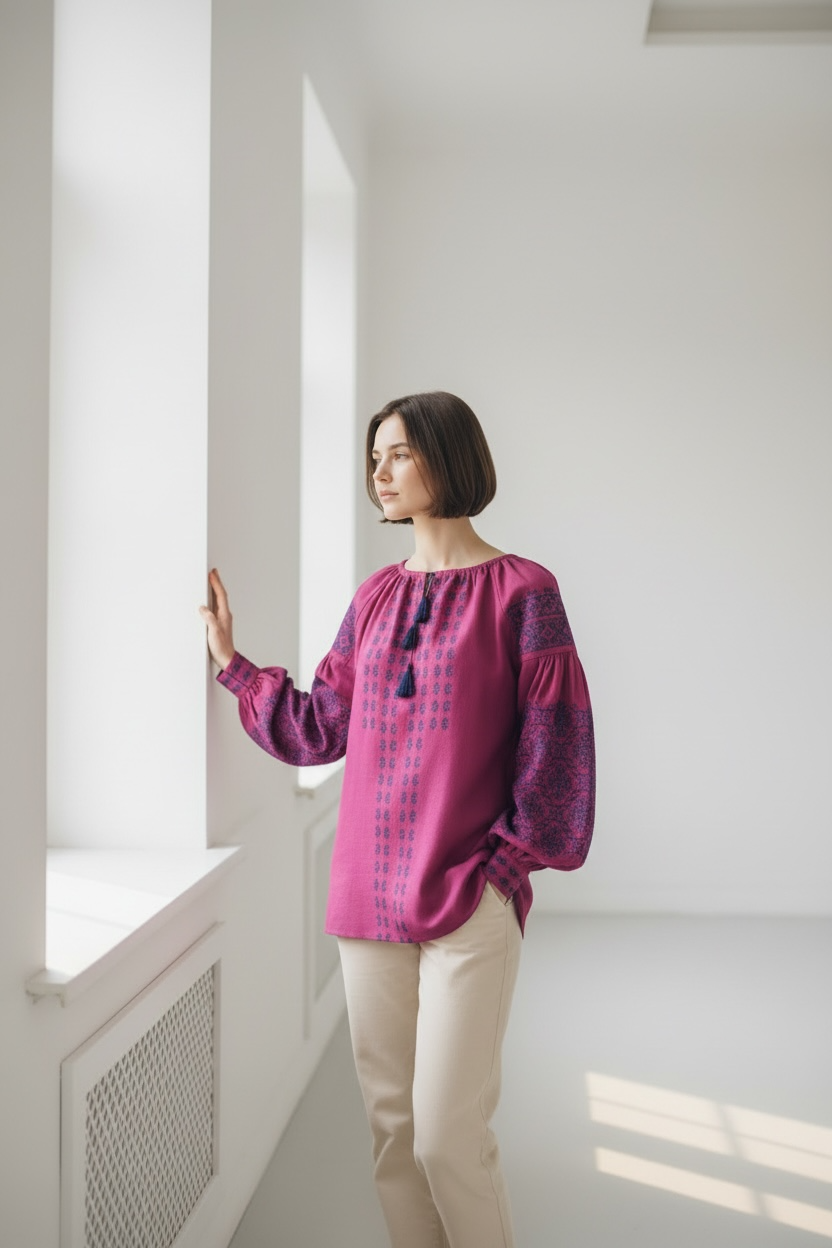 Pink Linen Blouse with Navy Blue Embroidery