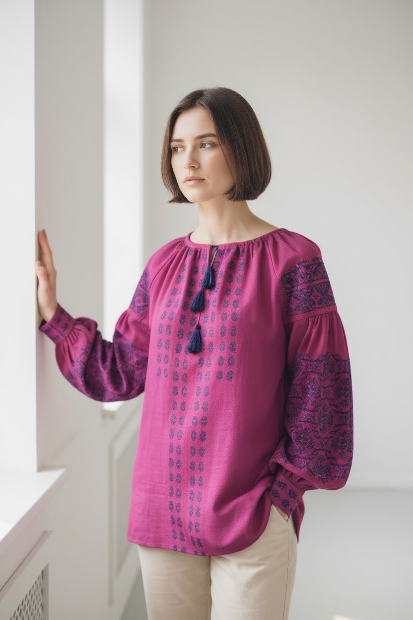Pink Linen Blouse with Navy Blue Embroidery