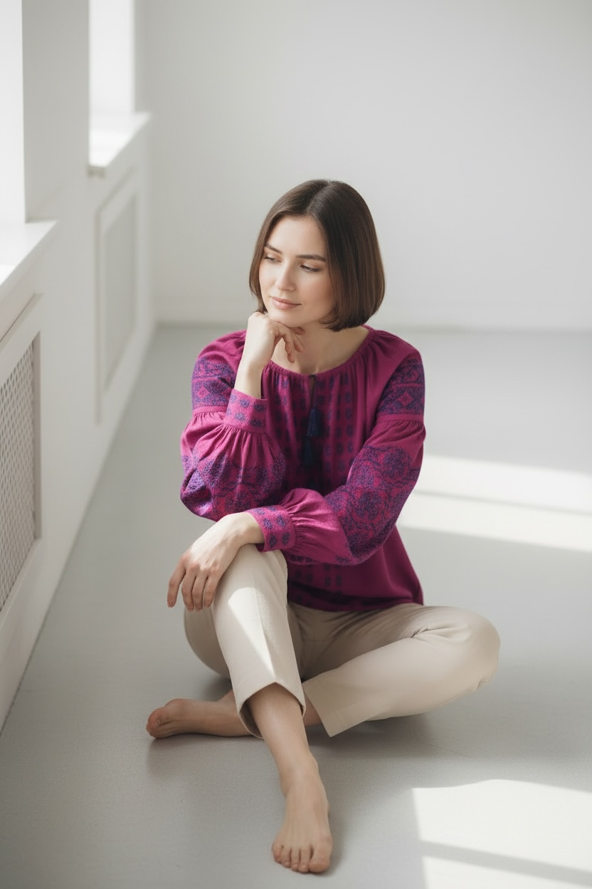 Pink Linen Blouse with Navy Blue Embroidery