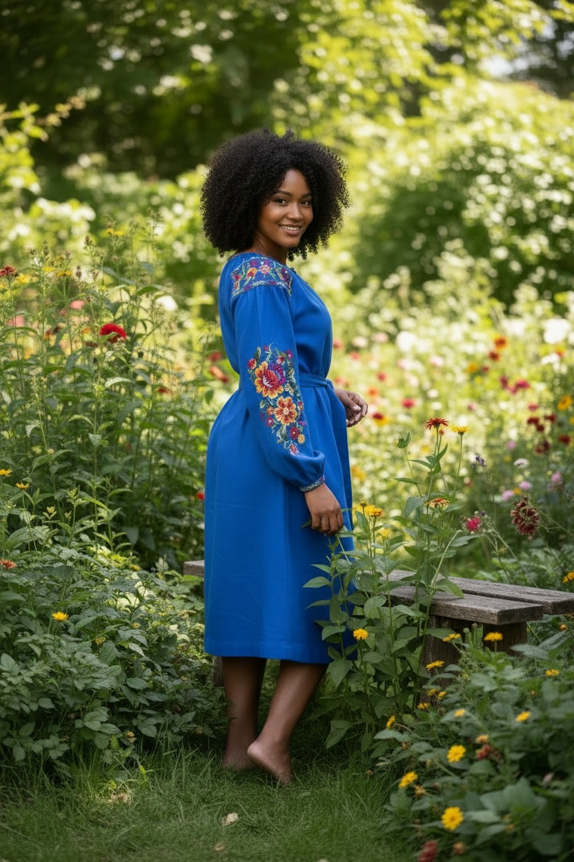 Blue Linen Midi Dress