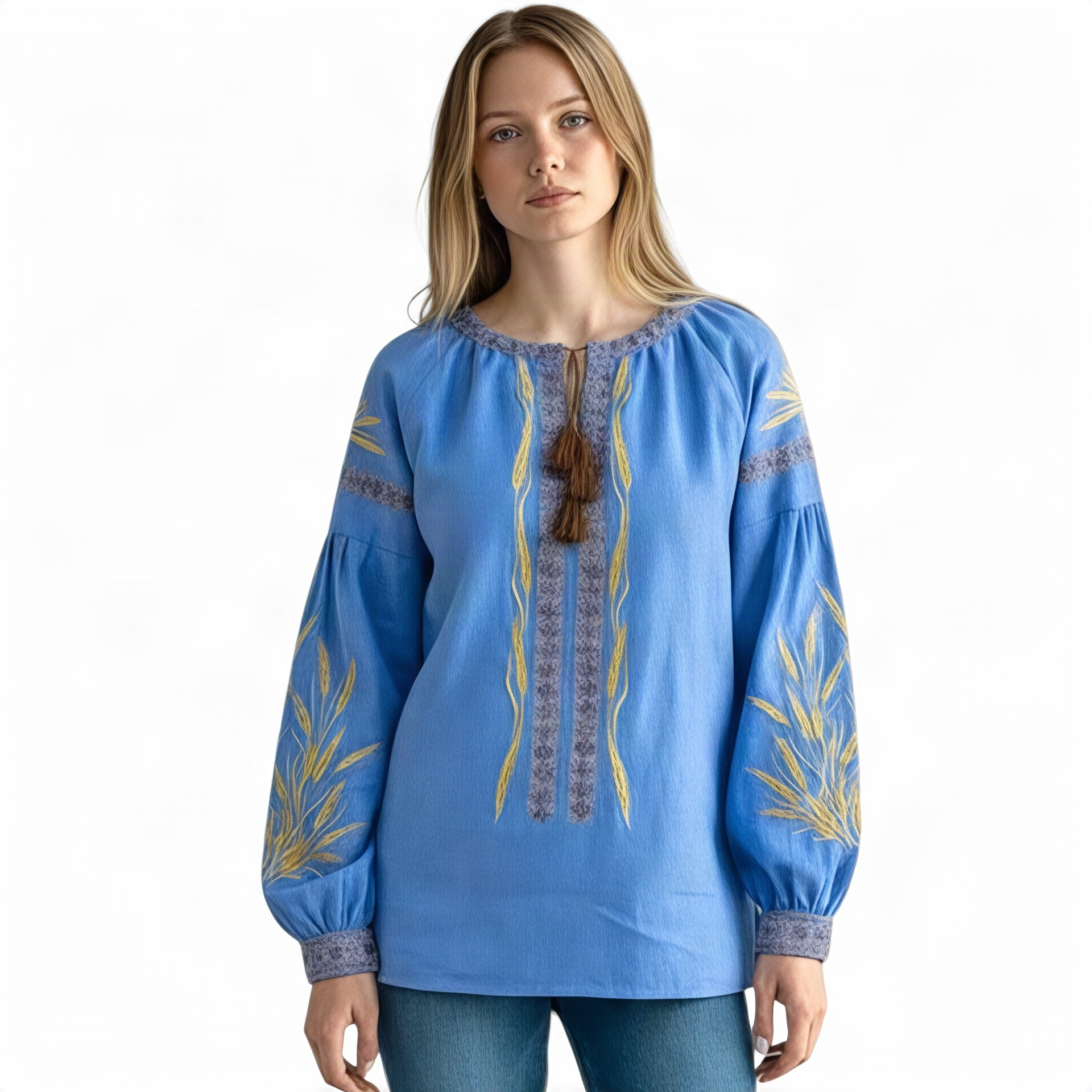 Blue Linen Viscose Blouse-Golden Wheat Embroidery