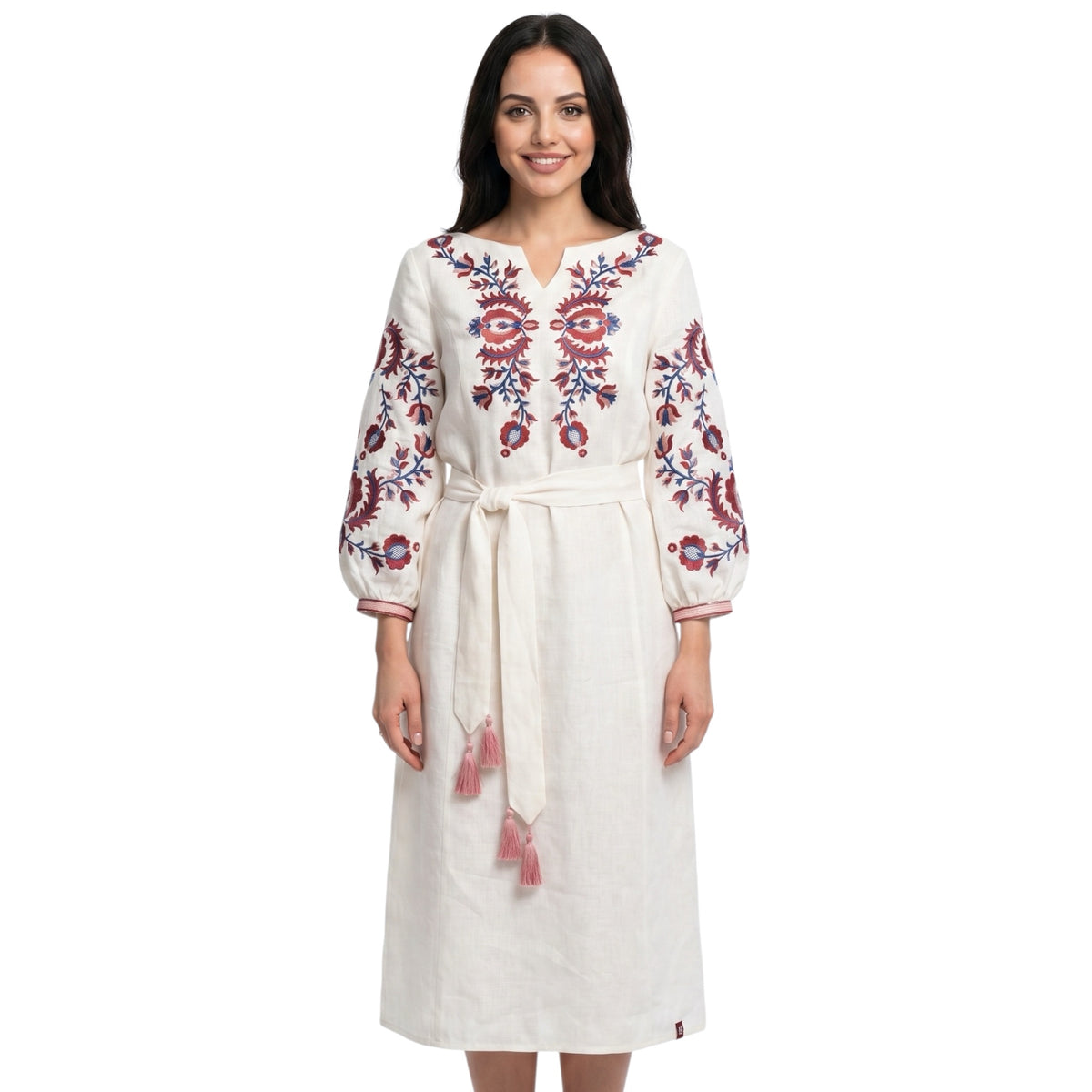 Cream Linen Floral Embroidery Dress