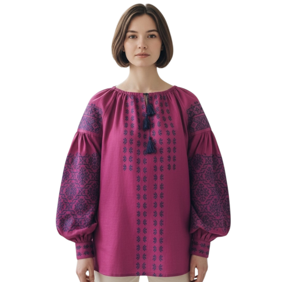 Pink Linen Blouse with Navy Blue Embroidery