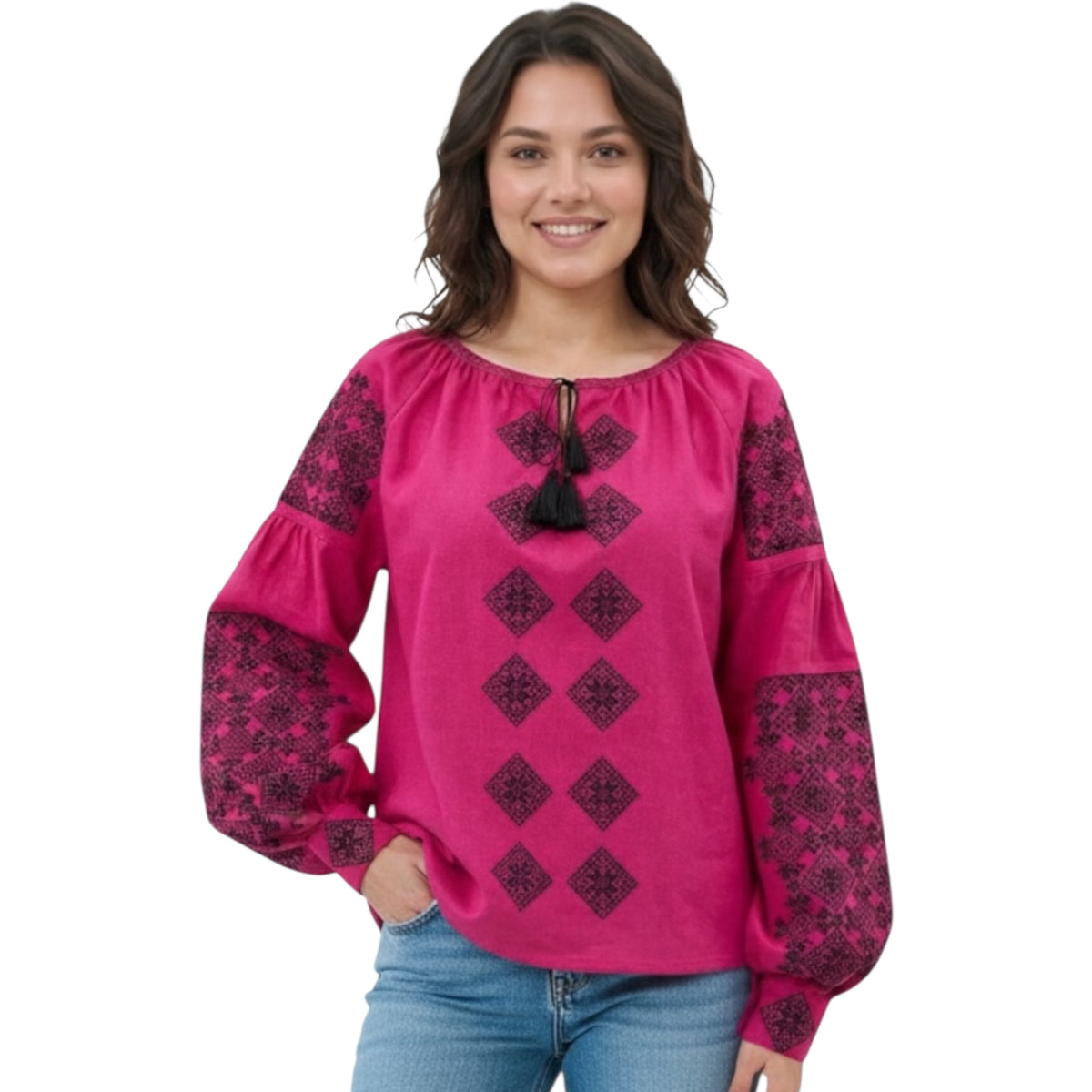 Pink Linen Blouse with Navy Blue Embroidery