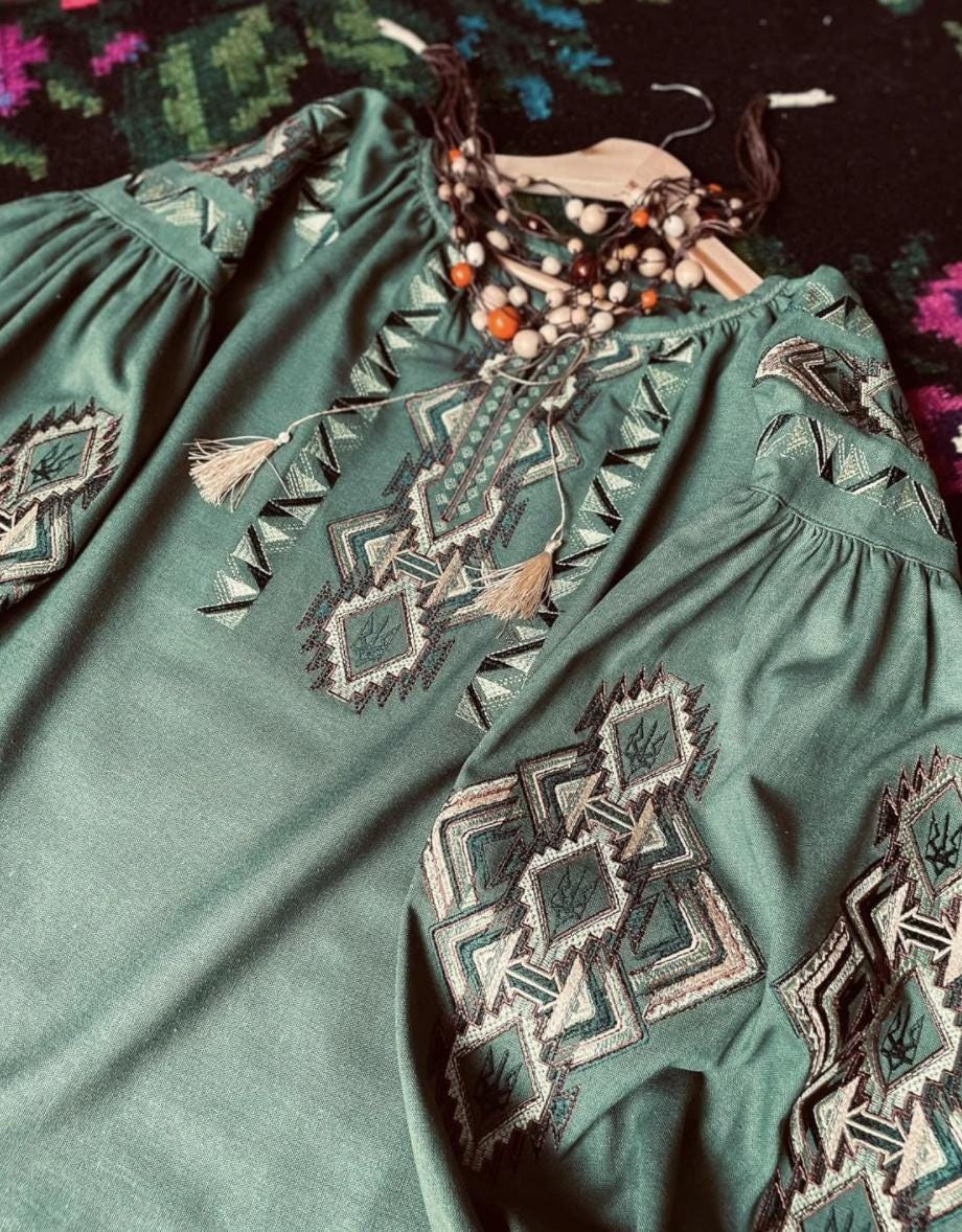 Custom Linen Vyshyvanka Blouse – Sage Green Embroidered Boho Ethno Folk Shirt