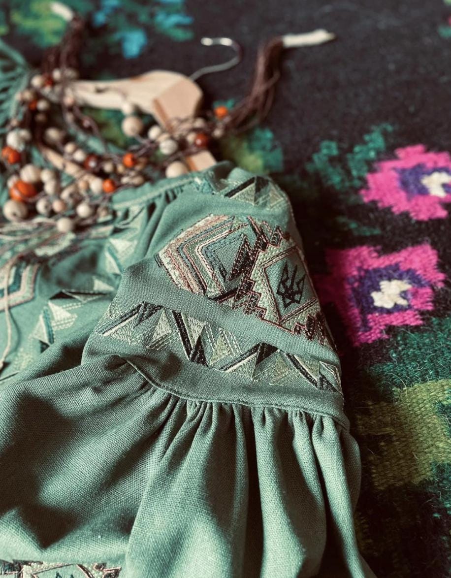 Custom Linen Vyshyvanka Blouse – Sage Green Embroidered Boho Ethno Folk Shirt