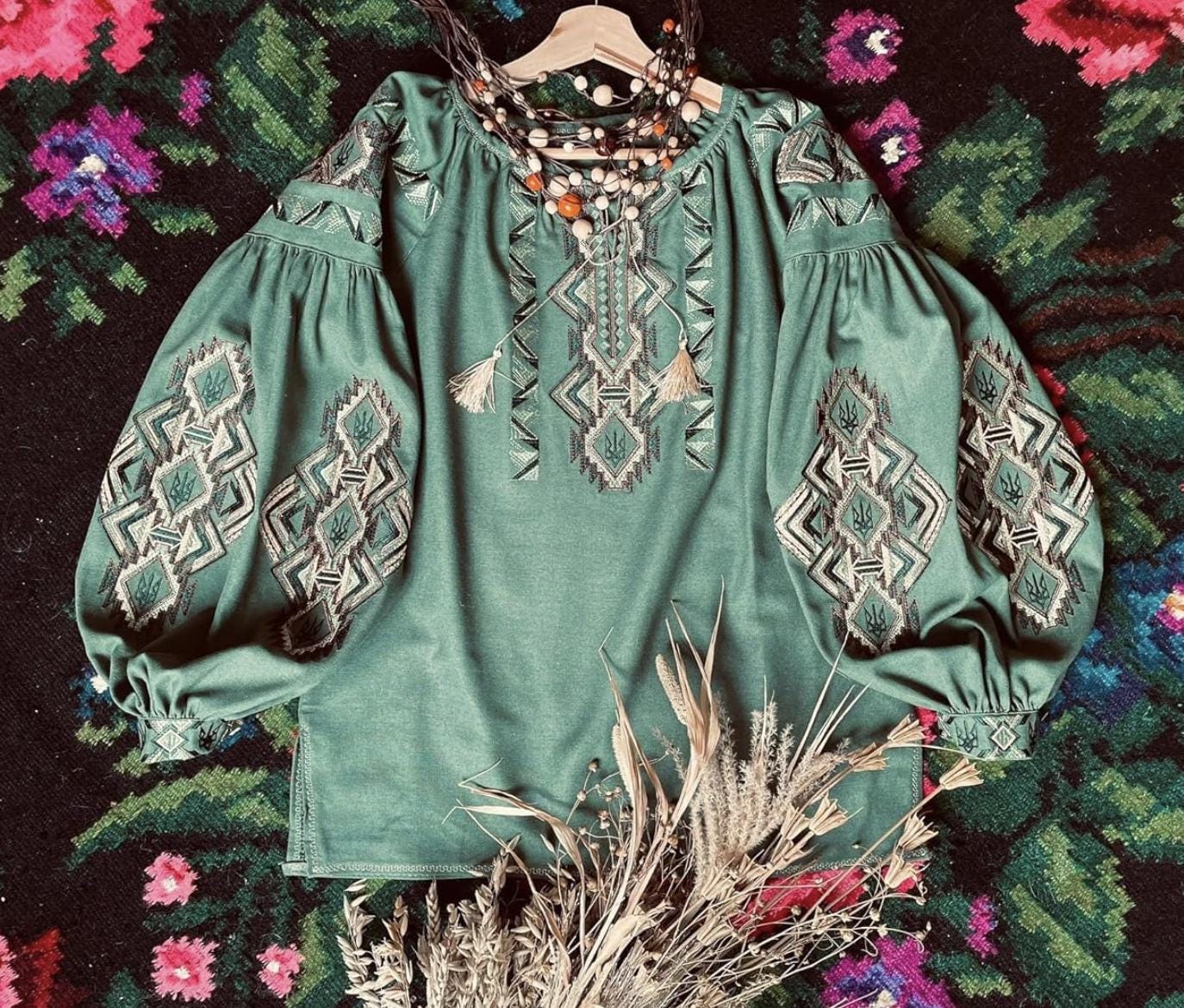 Custom Linen Vyshyvanka Blouse – Sage Green Embroidered Boho Ethno Folk Shirt