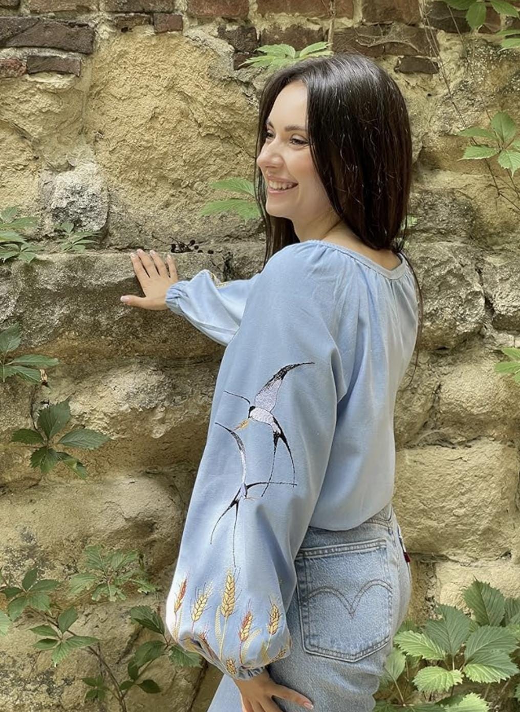 Custom Blue Linen Vyshyvanka – Bohemian Embroidered Blouse with Swallows and Wheat