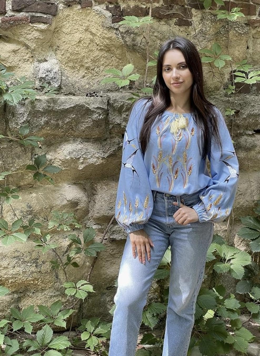 Custom Blue Linen Vyshyvanka – Bohemian Embroidered Blouse with Swallows and Wheat