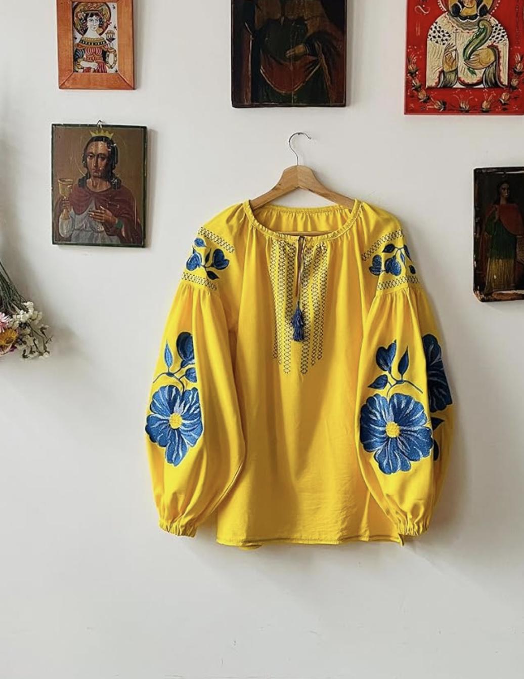 Yellow Ukrainian Vyshyvanka Blouse | Blue Floral Embroidered Linen Top for Women | Boho Folk Peasant Shirt | Support Ukraine Gift