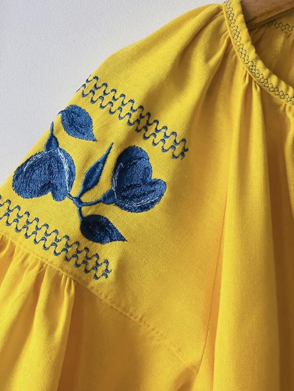 Yellow Ukrainian Vyshyvanka Blouse | Blue Floral Embroidered Linen Top for Women | Boho Folk Peasant Shirt | Support Ukraine Gift