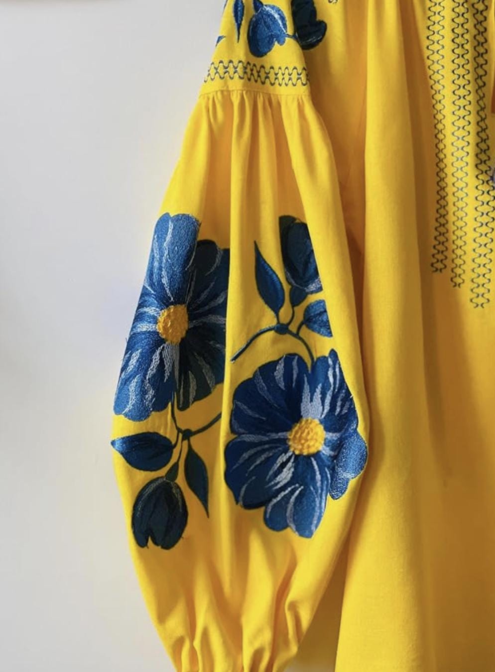 Yellow Ukrainian Vyshyvanka Blouse | Blue Floral Embroidered Linen Top for Women | Boho Folk Peasant Shirt | Support Ukraine Gift