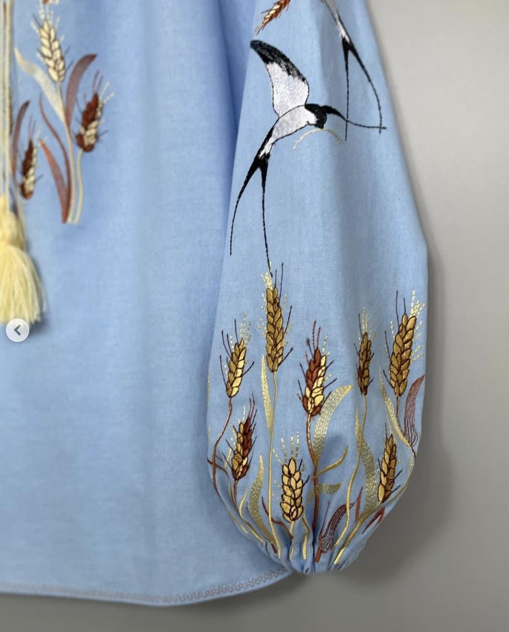 Custom Blue Linen Vyshyvanka – Bohemian Embroidered Blouse with Swallows and Wheat