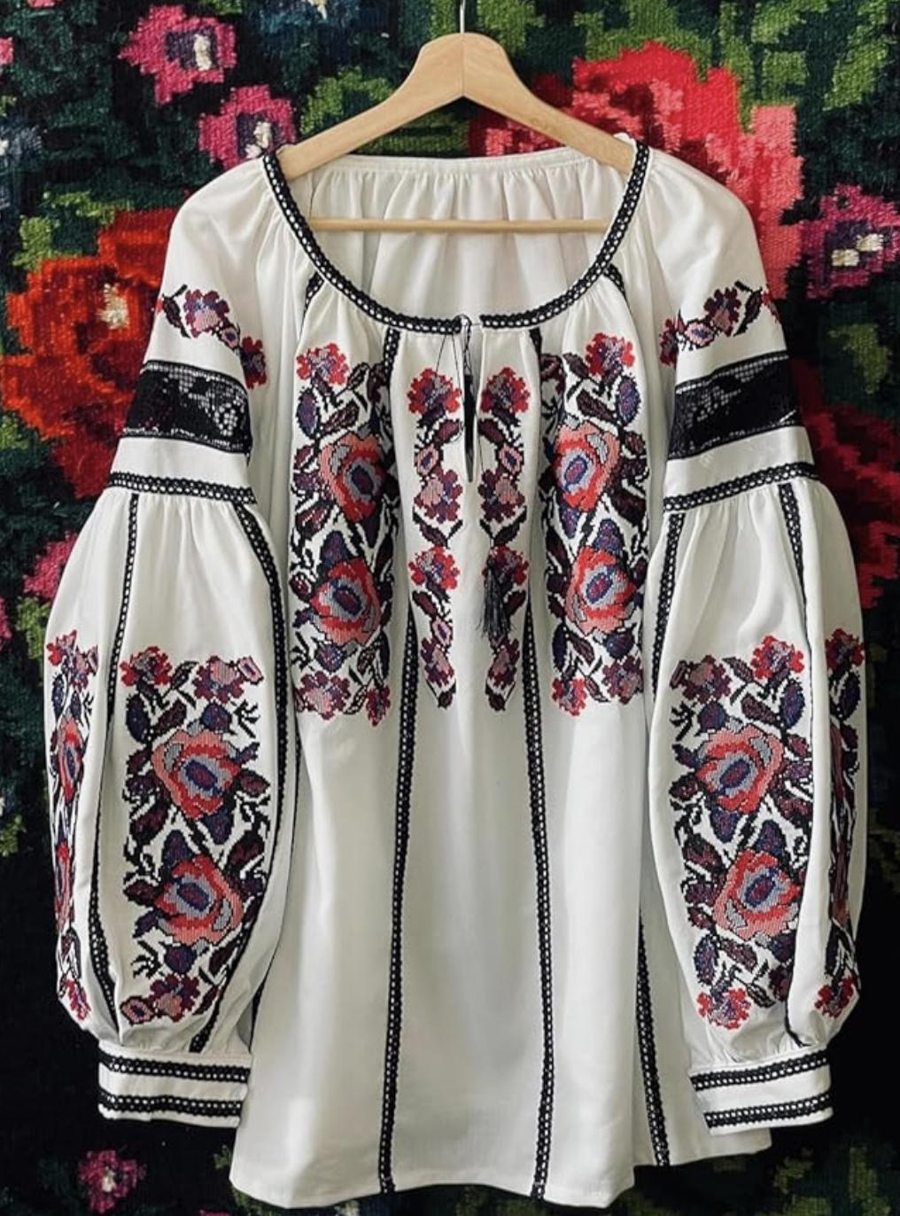 White Linen Vyshyvanka | Floral Embroidered Blouse with Black Lace | Ukrainian Family Look Shirt | Boho Folk Top for Women | Rose Embroidery